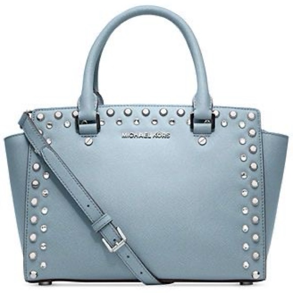 Michael Kors Selma Medium Studded Satchel Light Blue Saffiano Leather